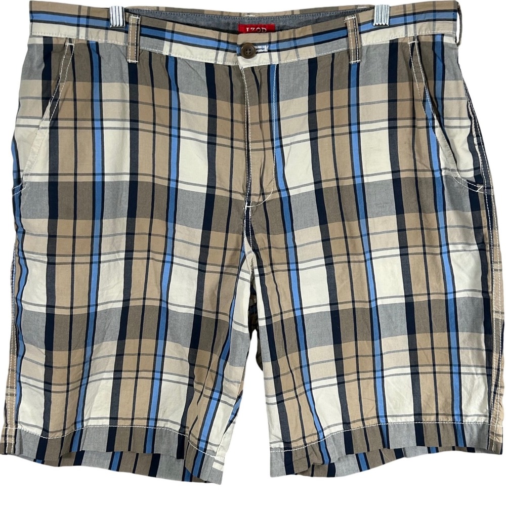 IZOD Mens Plaid Flat Front Cotton Shorts Size 36 Khaki Blue Navy